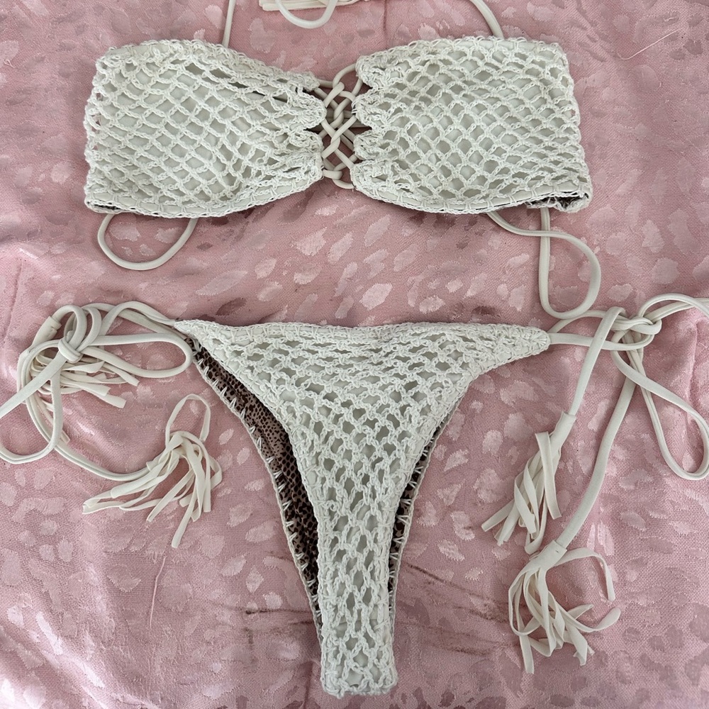 acacia swimwear White Crochet Bandeau Tie-Side Bikini